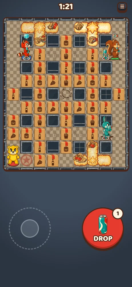 A Fizz Frenzy match on a phone, on the Diner's Crossroads map: four Chuggers among parcels and two foam blasts, with the joystick and the DROP button below