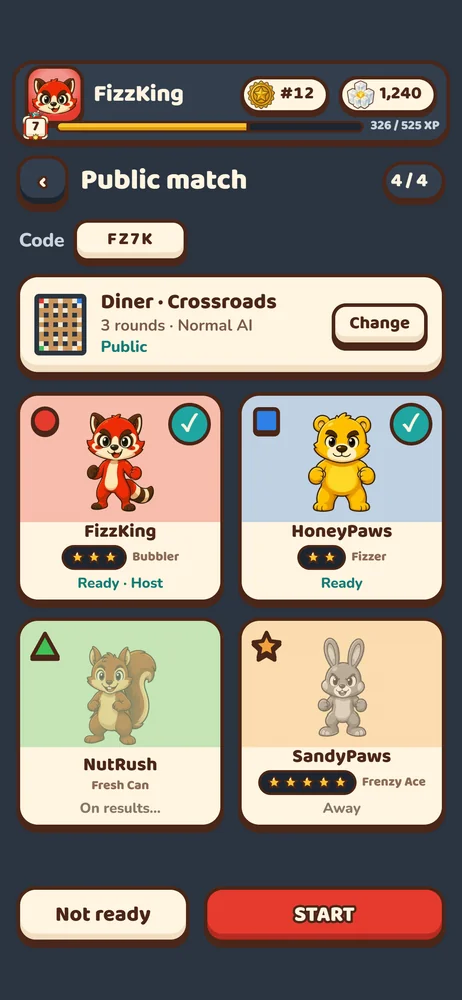 The online room of a public match, seen by the host: the room code, Diner · Crossroads over 3 rounds, and four players' seats with their Chuggers and levels